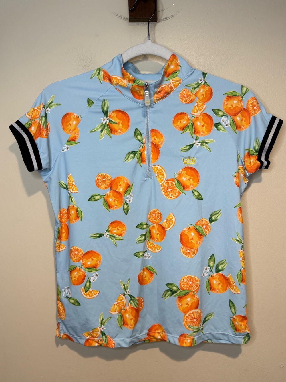 Women’s Light Blue Short-Sleeve Zip Polo Tee with Orange Citrus Print